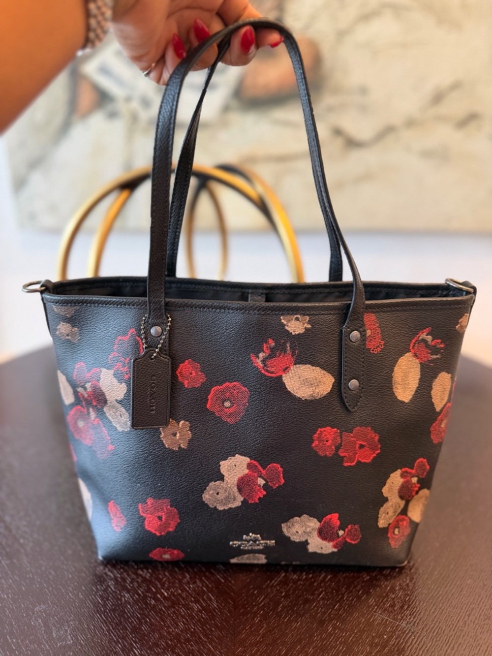 Coach Black Floral-Print City Tote with Red and Cream Blooms